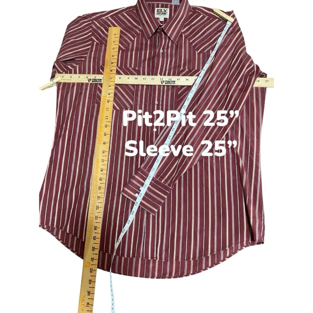 ELY Cattleman Western Shirt Mens 17 Maroon Red Stripe Rodeo Pearl Snap Long Slv - Picture 2 of 9